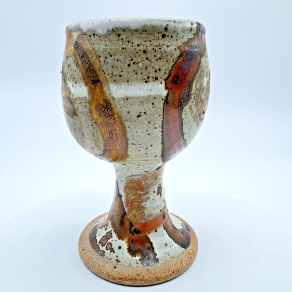 Studio Art Pottery Goblet Chalice Cup Textured Glazed Brown Gray Stoneware Wine - Picture 4 of 9